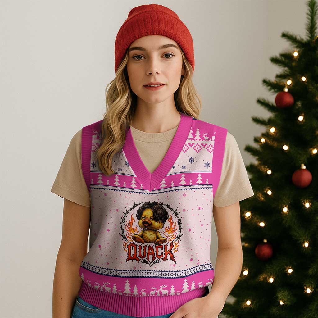 Funny Duck Metal Concert V-Neck Knit Sweater Vest Rock Band Quack Meme