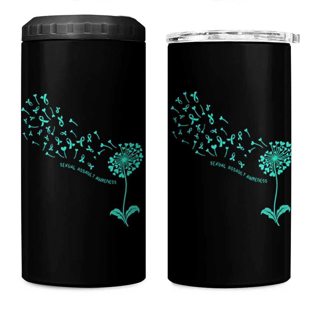 Sexual Assault Awareness 4 in 1 Can Cooler Tumbler Teal Dandelion Ribbons