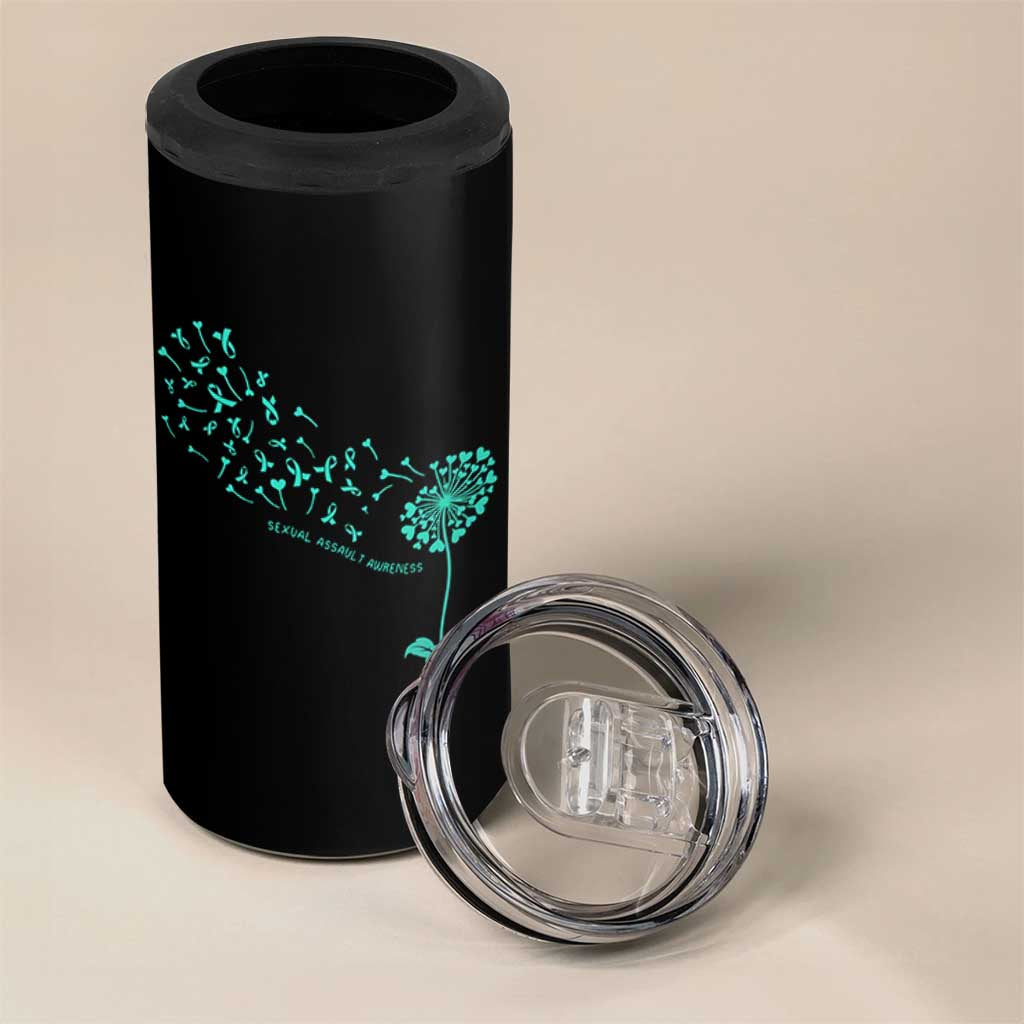 Sexual Assault Awareness 4 in 1 Can Cooler Tumbler Teal Dandelion Ribbons