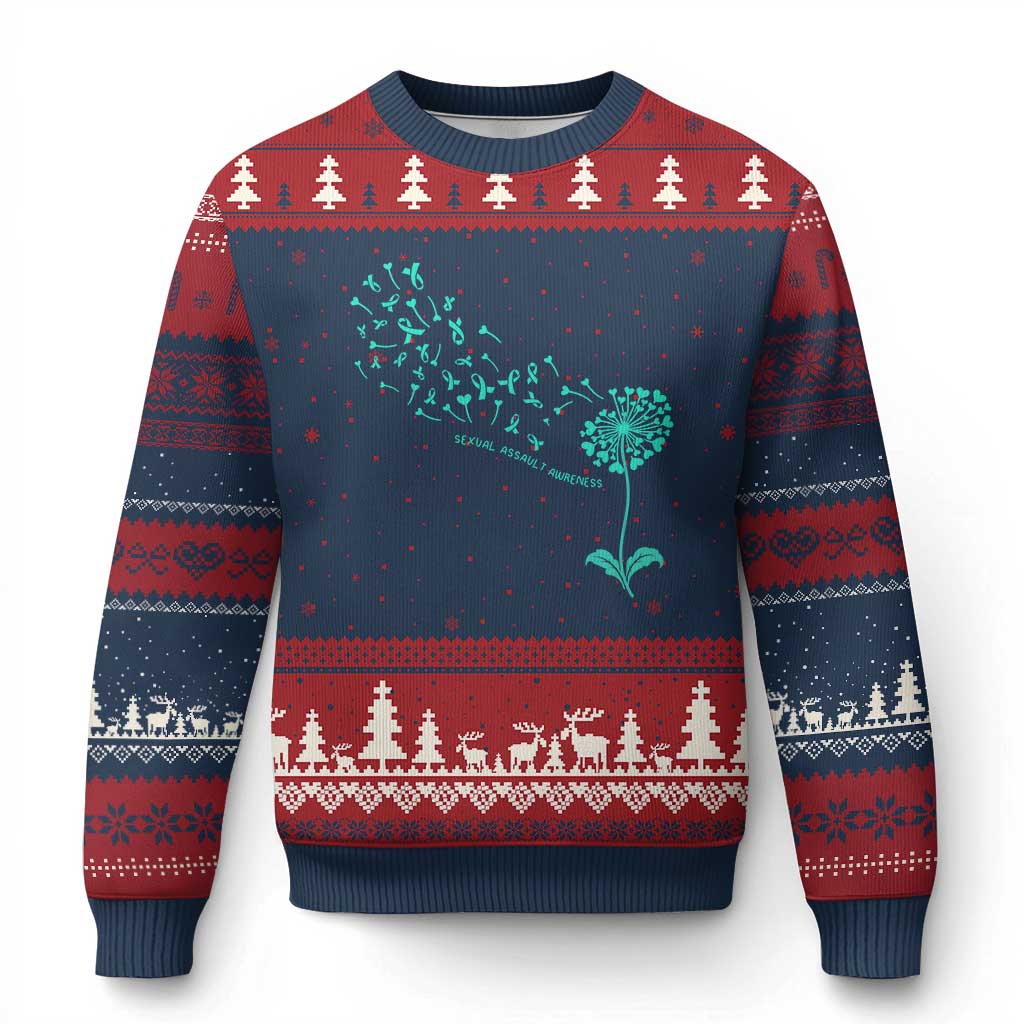 Sexual Assault Awareness Ugly Christmas Sweater Teal Dandelion Ribbons