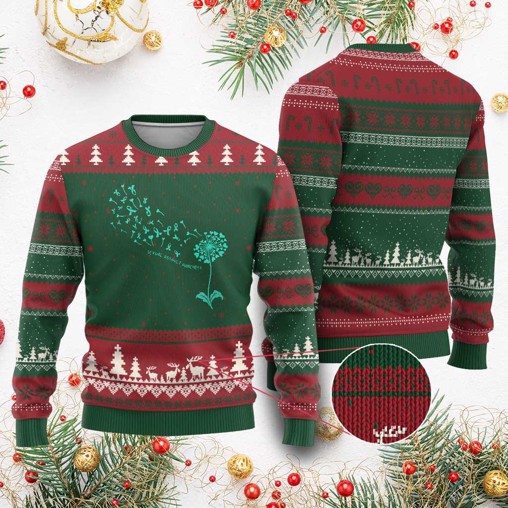 Sexual Assault Awareness Ugly Christmas Sweater Teal Dandelion Ribbons