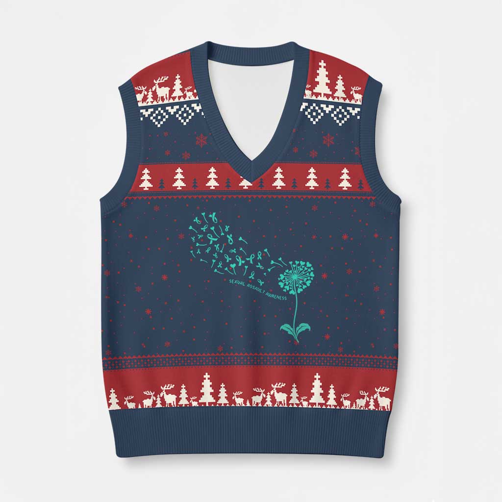 Sexual Assault Awareness V-Neck Knit Sweater Vest Teal Dandelion Ribbons