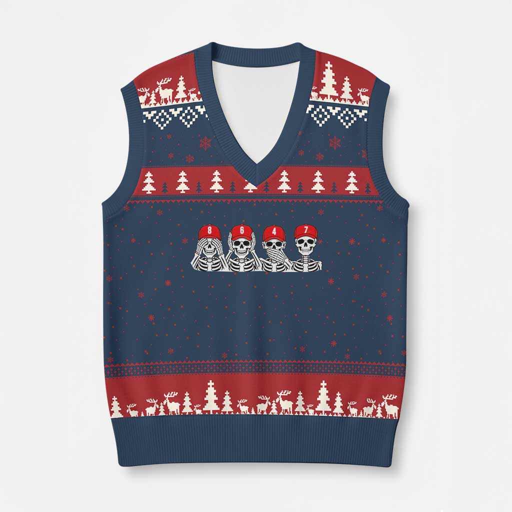 86 47 Subtle Anti FDT V-Neck Knit Sweater Vest Funny Skeleton Wearing Hat Sarcastic Political