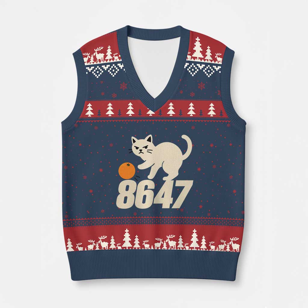 8647 FDT V-Neck Knit Sweater Vest Funny Cat Political Meme