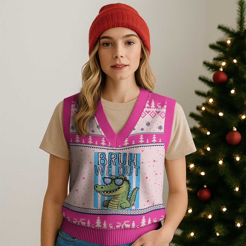 Bruh We Out Alligator V-Neck Knit Sweater Vest Last Day of School Teacher