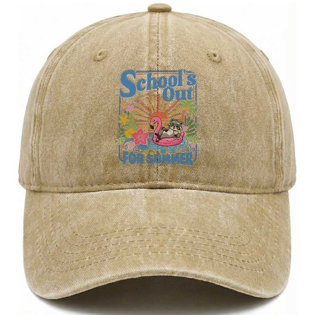 School's Out For Summer Washed Cotton Baseball Cap Funny Raccoon Last Day of School Teacher