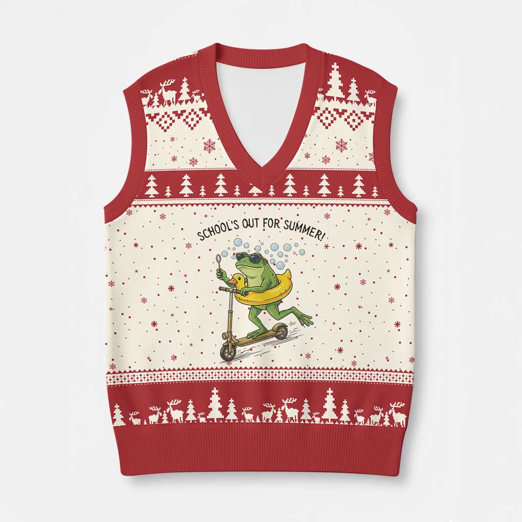 School's Out For Summer V-Neck Knit Sweater Vest Funny Frog Last Day of School Teacher