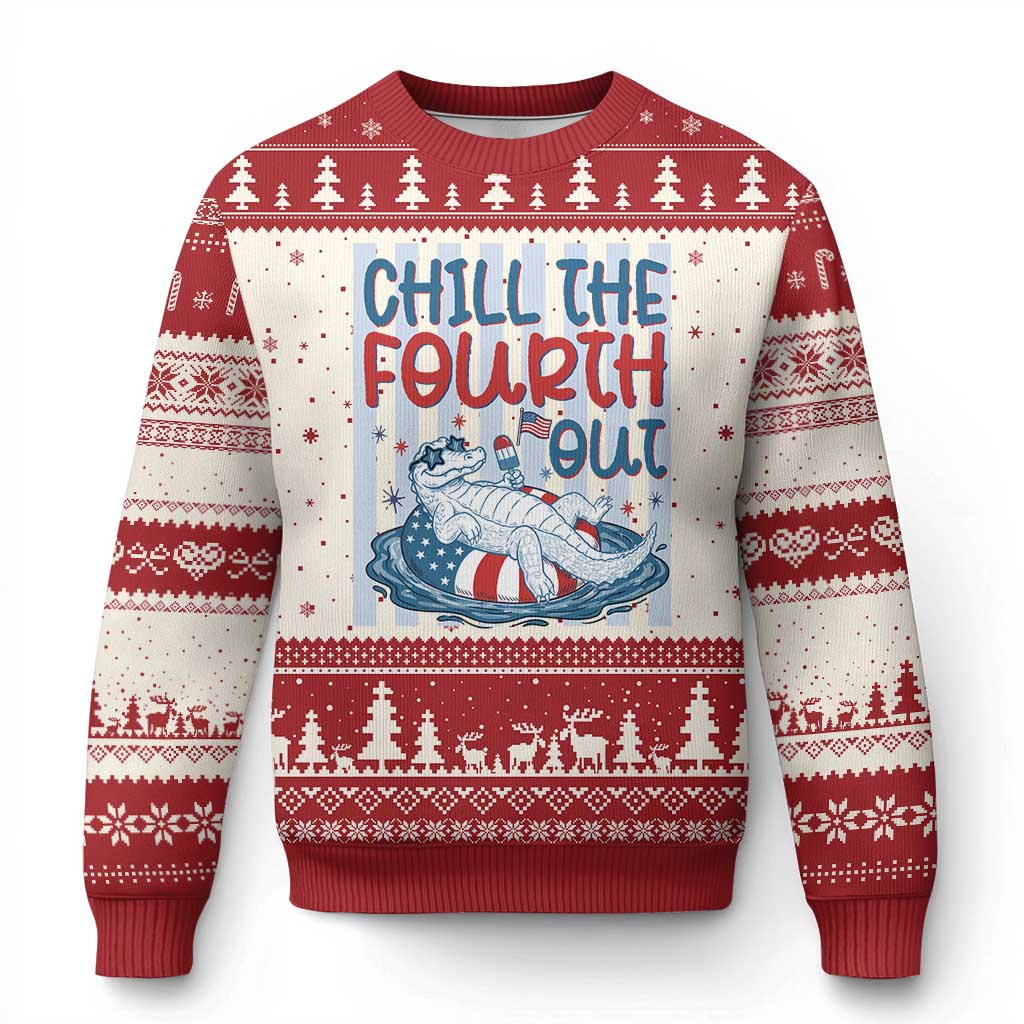 Chill The Fourth Out Ugly Christmas Sweater Funny Alligator 4th Of July