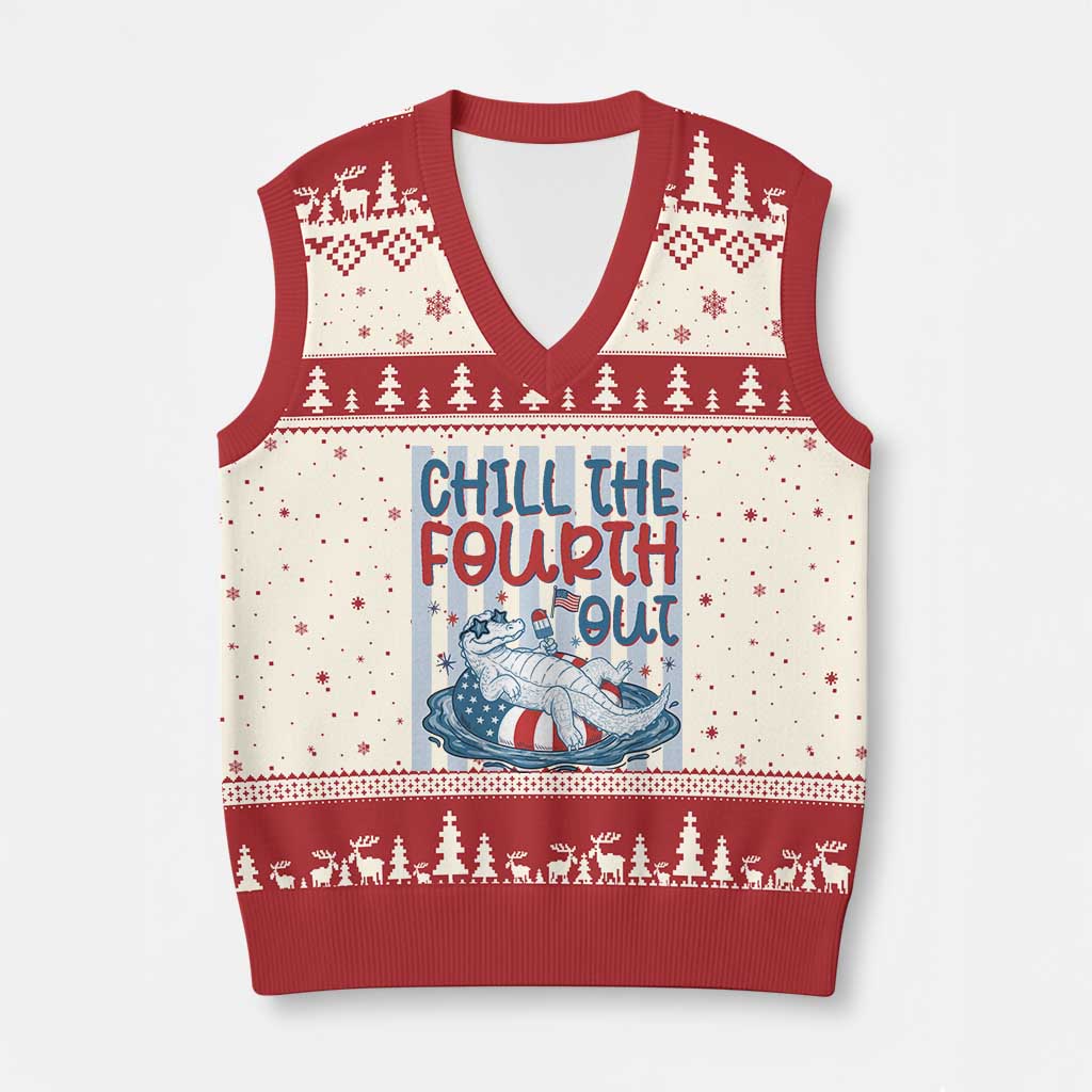 Chill The Fourth Out V-Neck Knit Sweater Vest Funny Alligator 4th Of July