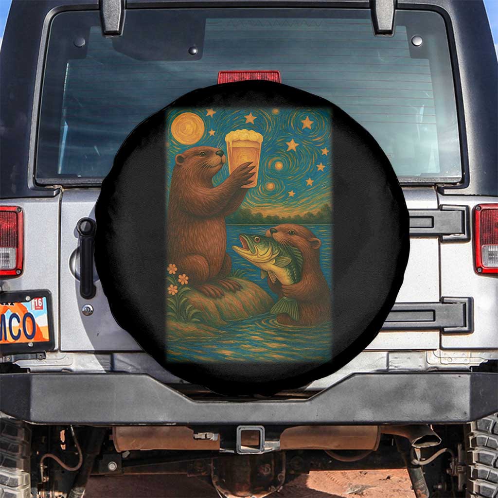 Funny Otter Drinking Beer Spare Tire Cover Van Gogh Starry Night - Wonder Print Shop