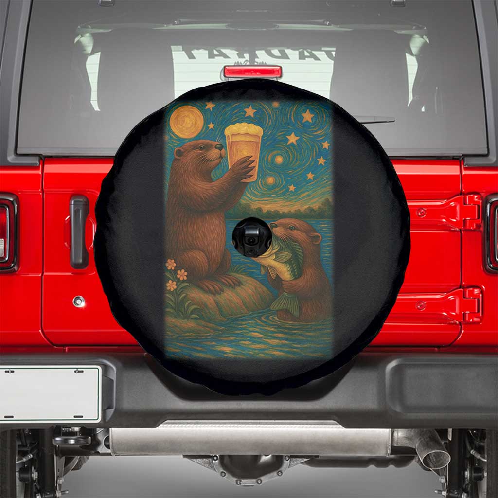 Funny Otter Drinking Beer Spare Tire Cover Van Gogh Starry Night - Wonder Print Shop