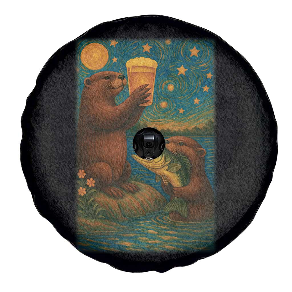 Funny Otter Drinking Beer Spare Tire Cover Van Gogh Starry Night - Wonder Print Shop