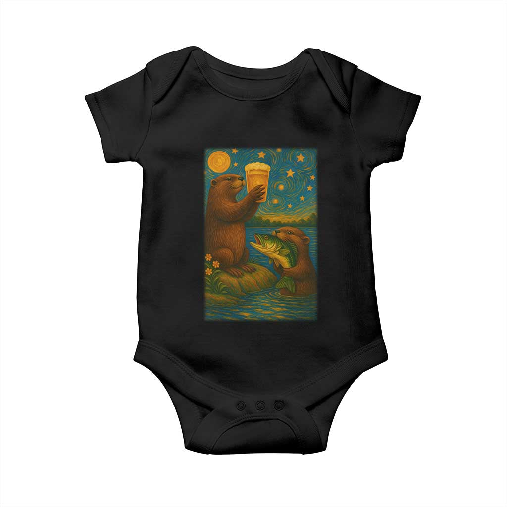 Funny Otter Drinking Beer Baby Onesie Van Gogh Starry Night - Wonder Print Shop