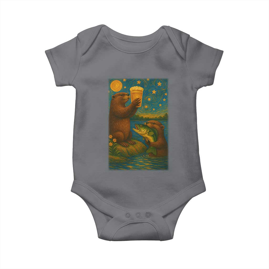 Funny Otter Drinking Beer Baby Onesie Van Gogh Starry Night - Wonder Print Shop