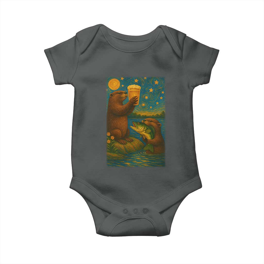 Funny Otter Drinking Beer Baby Onesie Van Gogh Starry Night - Wonder Print Shop