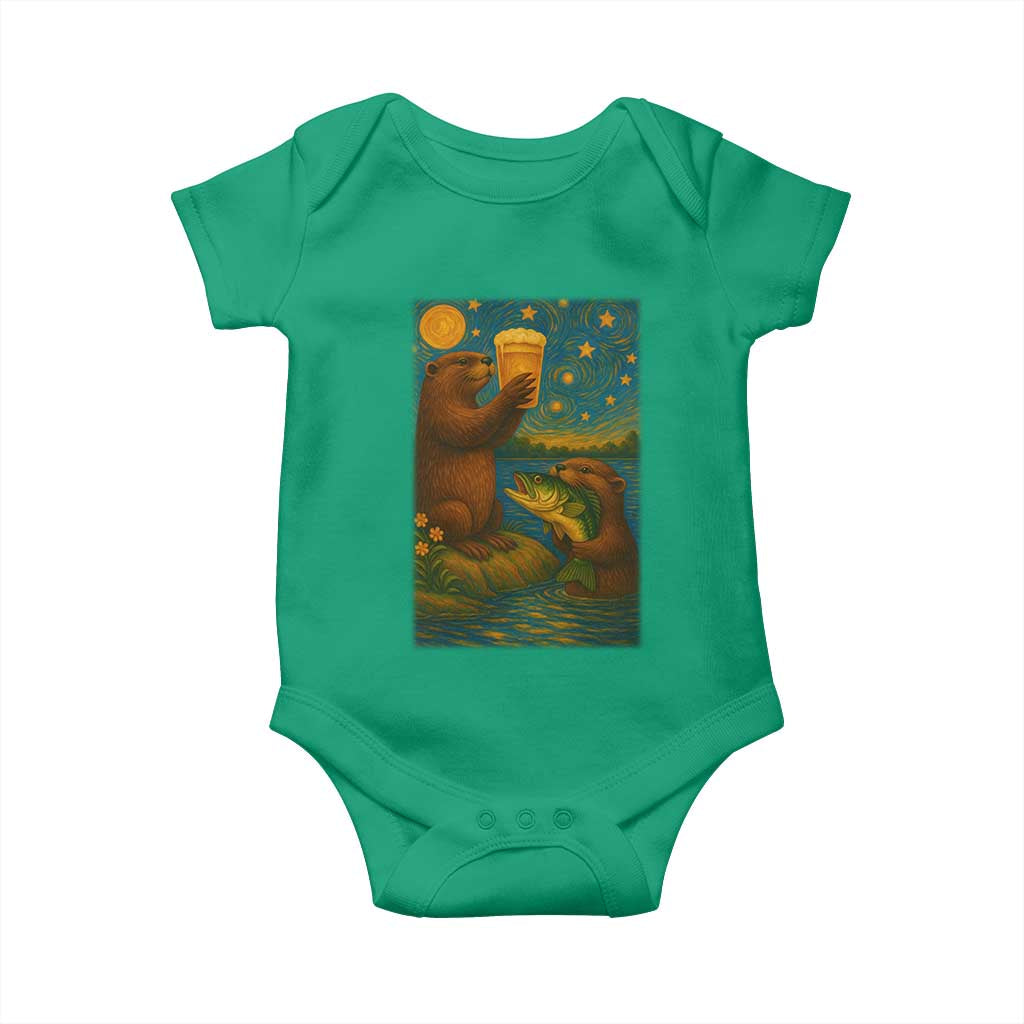 Funny Otter Drinking Beer Baby Onesie Van Gogh Starry Night - Wonder Print Shop