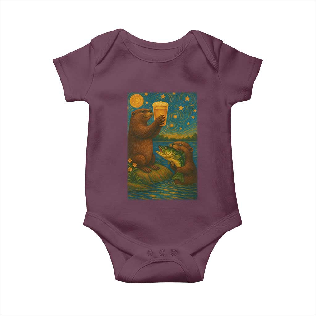 Funny Otter Drinking Beer Baby Onesie Van Gogh Starry Night - Wonder Print Shop