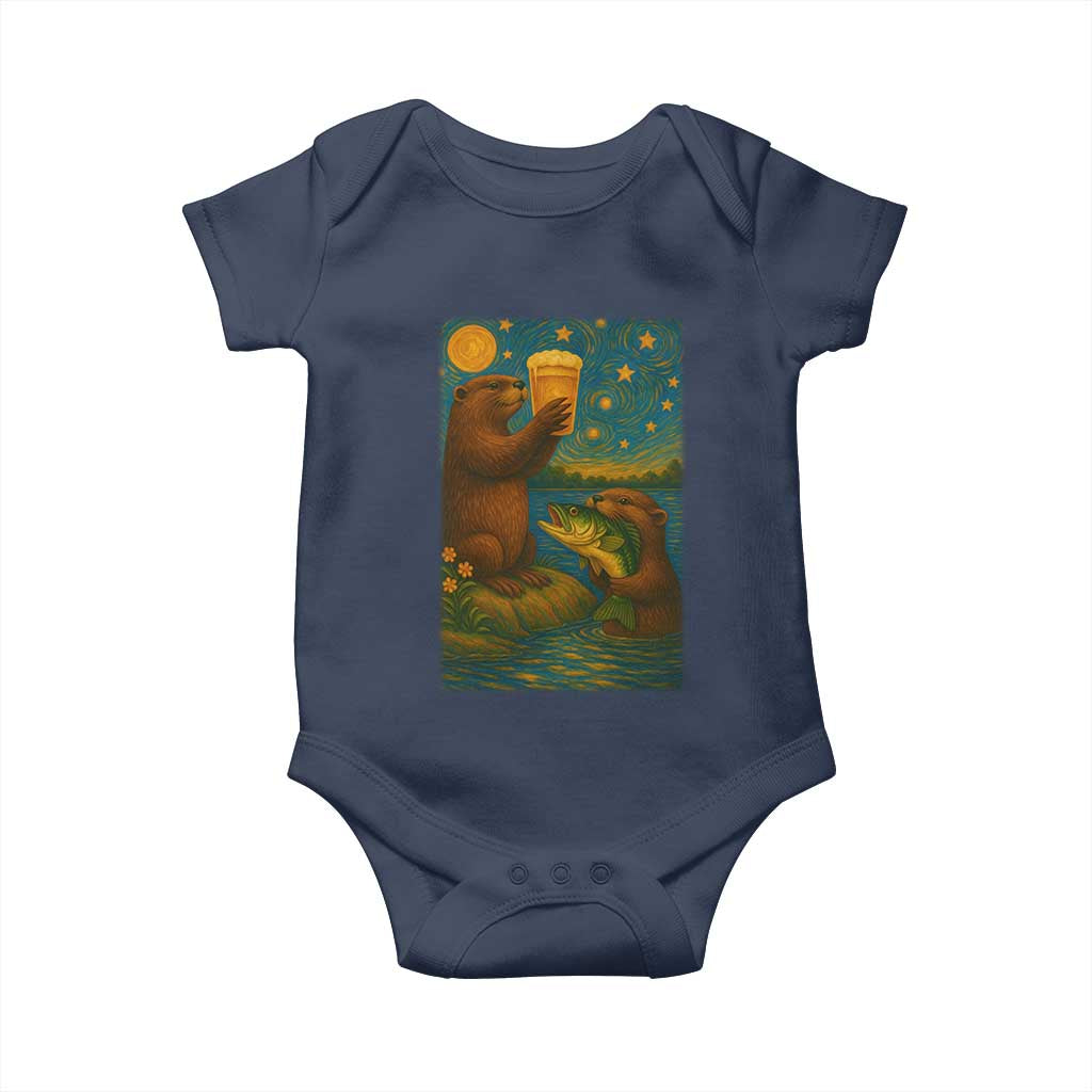 Funny Otter Drinking Beer Baby Onesie Van Gogh Starry Night - Wonder Print Shop