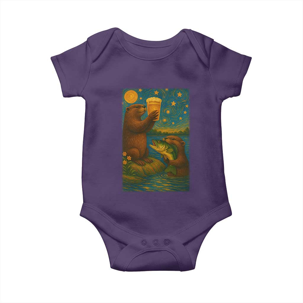 Funny Otter Drinking Beer Baby Onesie Van Gogh Starry Night - Wonder Print Shop