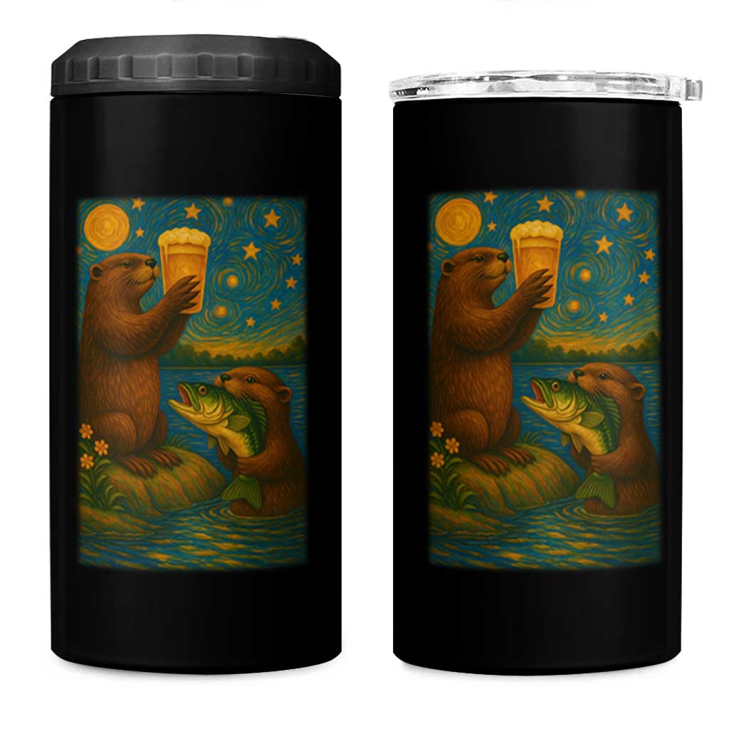 Funny Otter Drinking Beer 4 in 1 Can Cooler Tumbler Van Gogh Starry Night