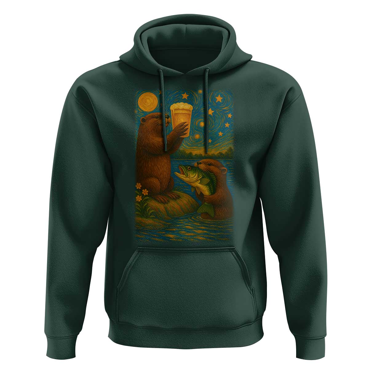 Funny Otter Drinking Beer Hoodie Van Gogh Starry Night - Wonder Print Shop