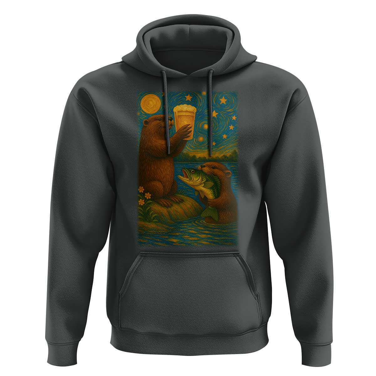 Funny Otter Drinking Beer Hoodie Van Gogh Starry Night - Wonder Print Shop