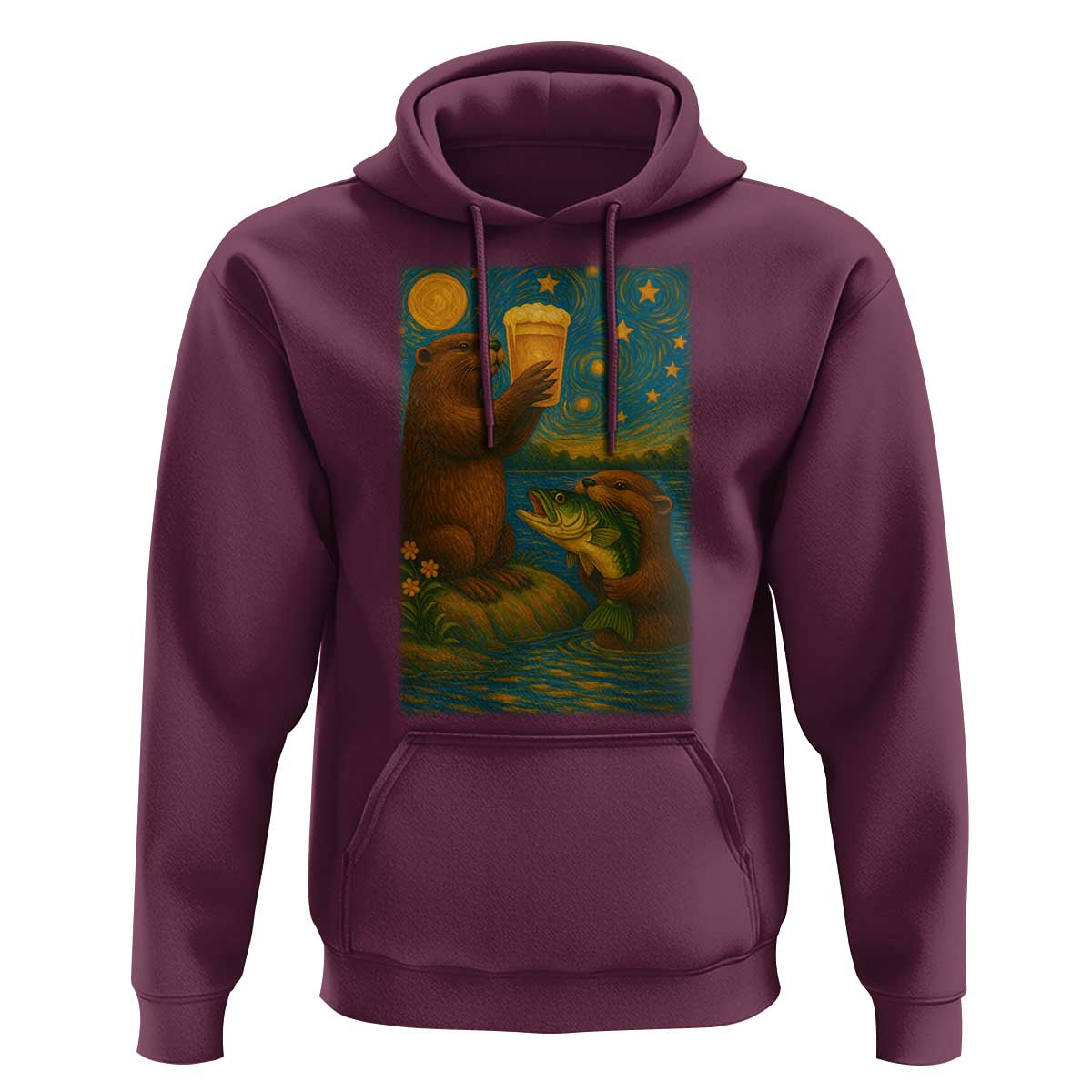 Funny Otter Drinking Beer Hoodie Van Gogh Starry Night - Wonder Print Shop