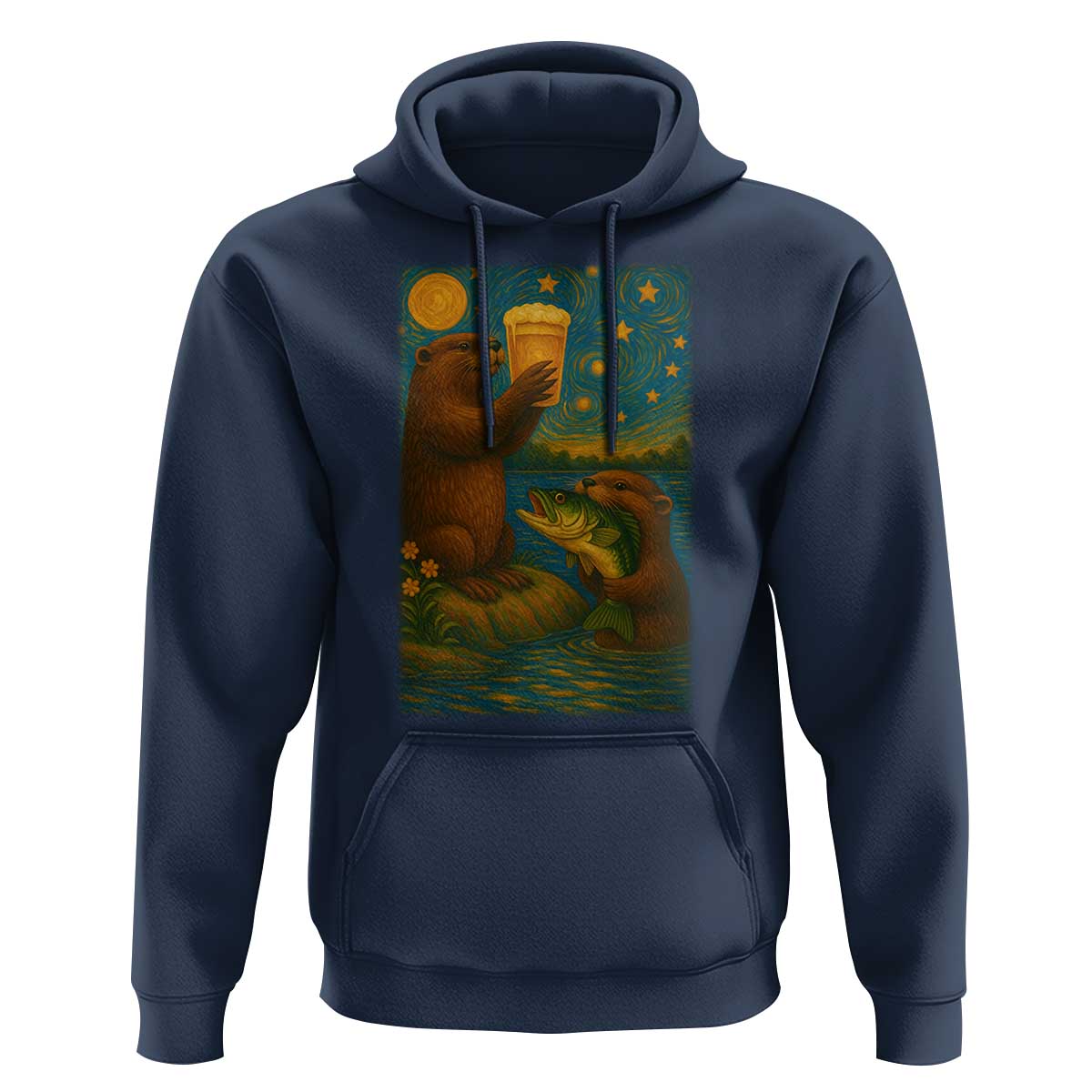 Funny Otter Drinking Beer Hoodie Van Gogh Starry Night - Wonder Print Shop