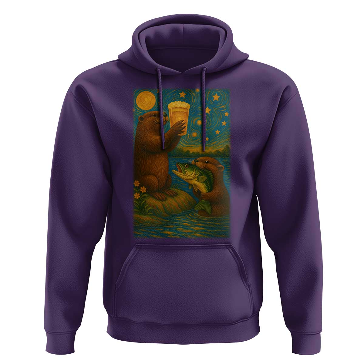 Funny Otter Drinking Beer Hoodie Van Gogh Starry Night - Wonder Print Shop