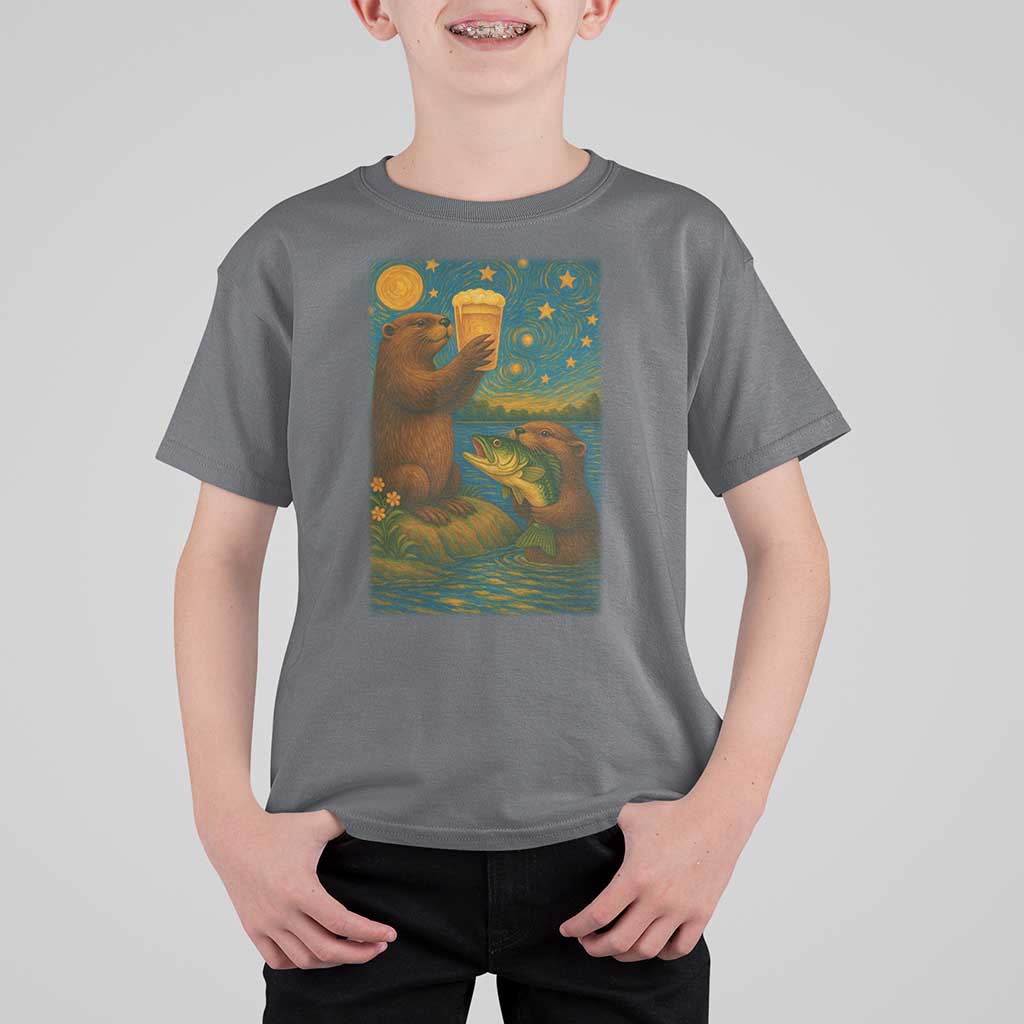 Funny Otter Drinking Beer T Shirt For Kid Van Gogh Starry Night - Wonder Print Shop