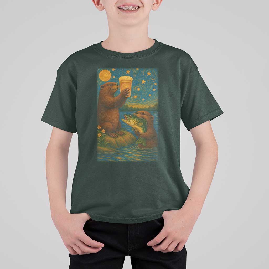 Funny Otter Drinking Beer T Shirt For Kid Van Gogh Starry Night - Wonder Print Shop