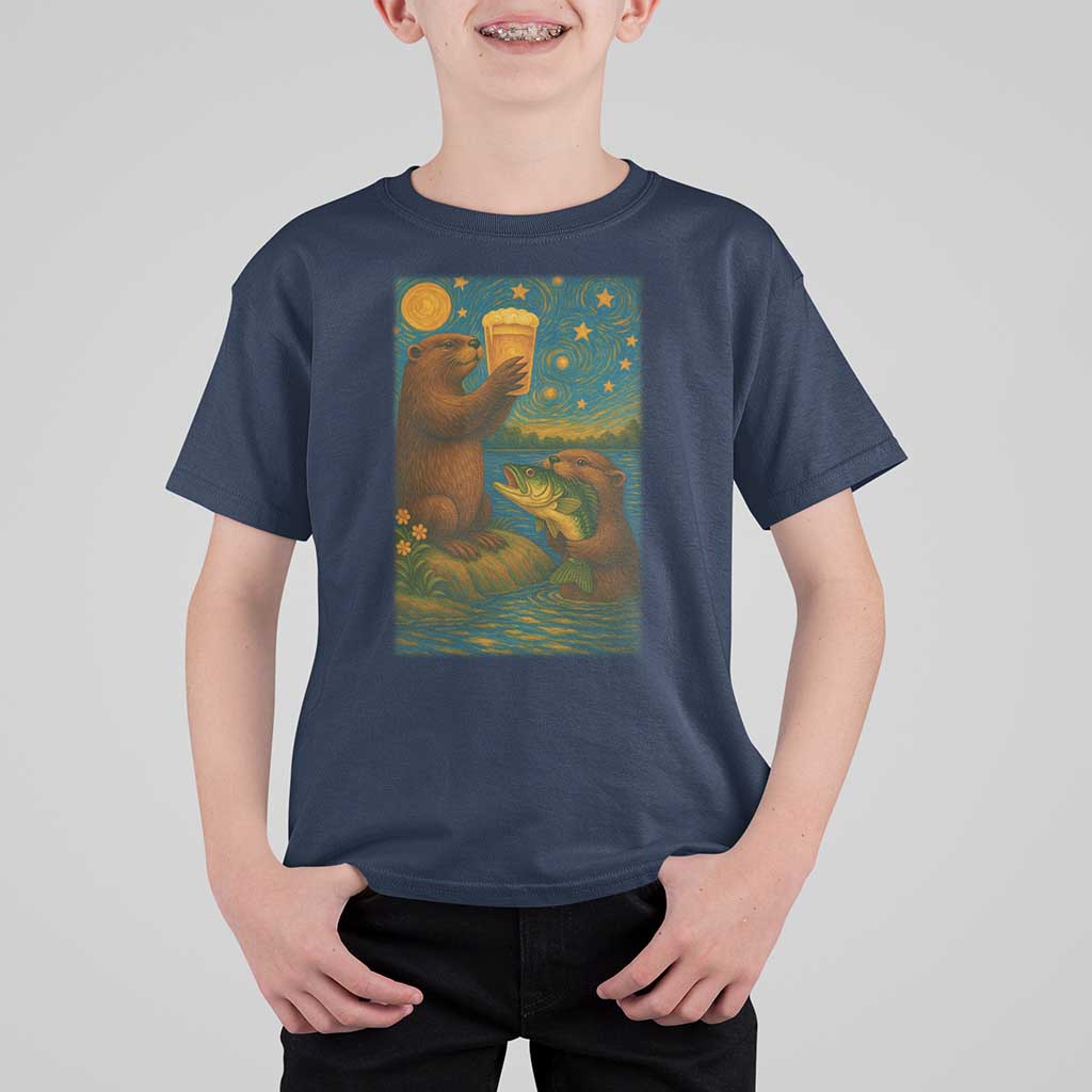 Funny Otter Drinking Beer T Shirt For Kid Van Gogh Starry Night - Wonder Print Shop