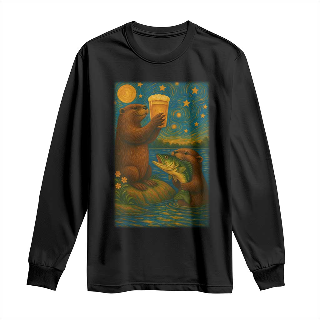 Funny Otter Drinking Beer Long Sleeve Shirt Van Gogh Starry Night - Wonder Print Shop
