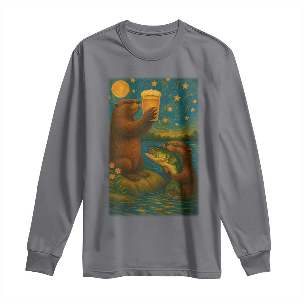 Funny Otter Drinking Beer Long Sleeve Shirt Van Gogh Starry Night - Wonder Print Shop