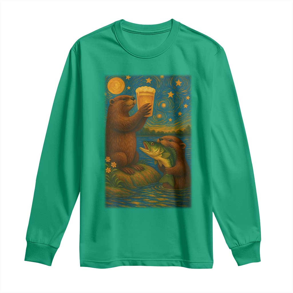 Funny Otter Drinking Beer Long Sleeve Shirt Van Gogh Starry Night - Wonder Print Shop