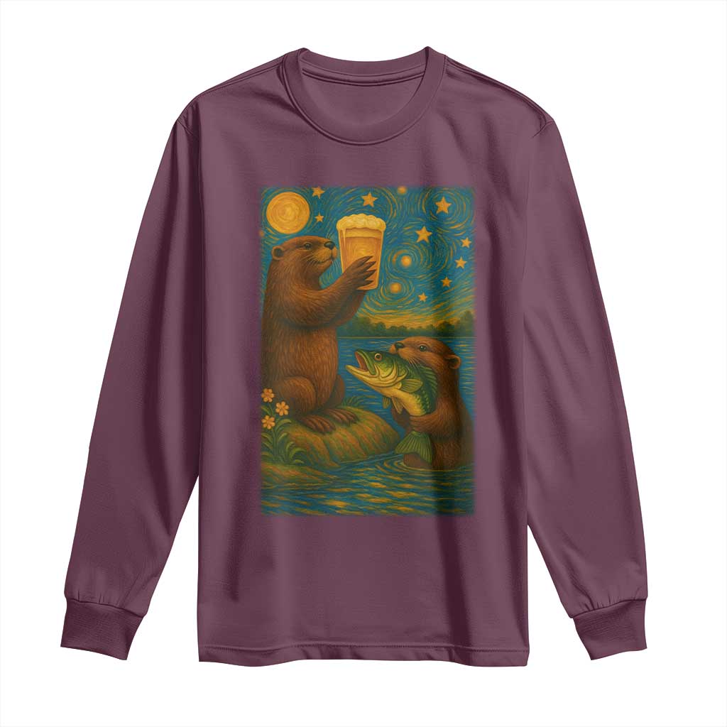 Funny Otter Drinking Beer Long Sleeve Shirt Van Gogh Starry Night - Wonder Print Shop