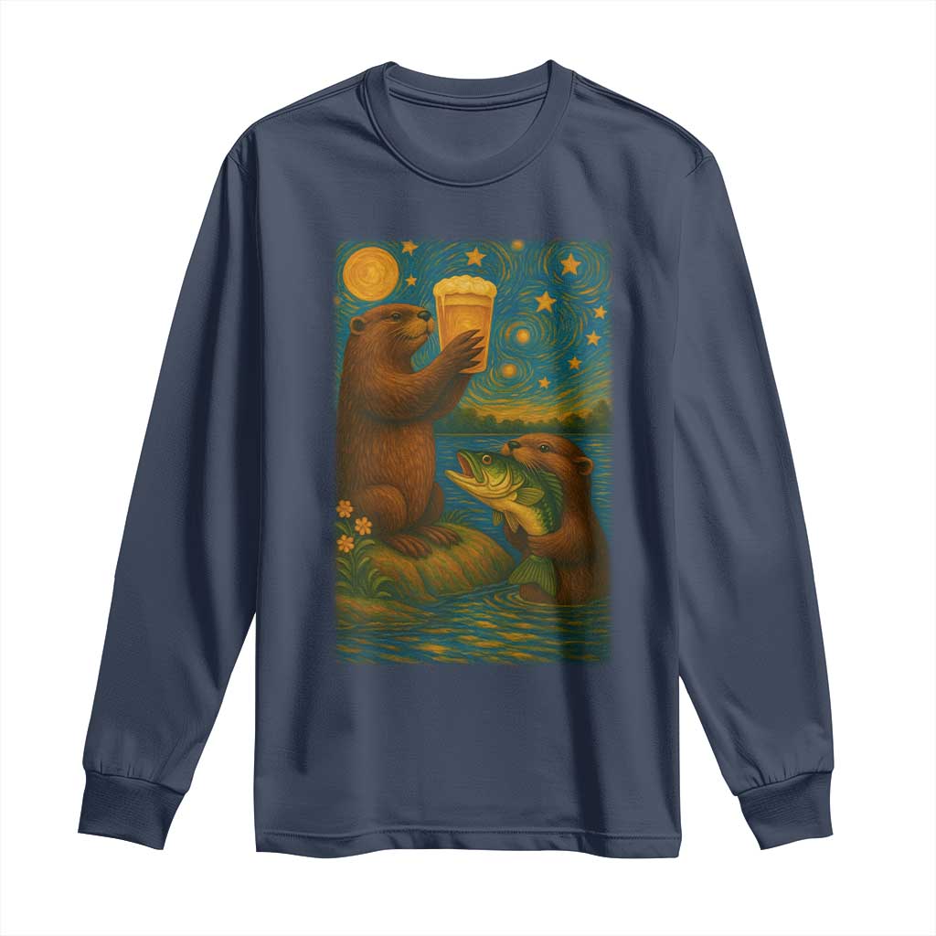 Funny Otter Drinking Beer Long Sleeve Shirt Van Gogh Starry Night - Wonder Print Shop