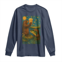 Funny Otter Drinking Beer Long Sleeve Shirt Van Gogh Starry Night - Wonder Print Shop