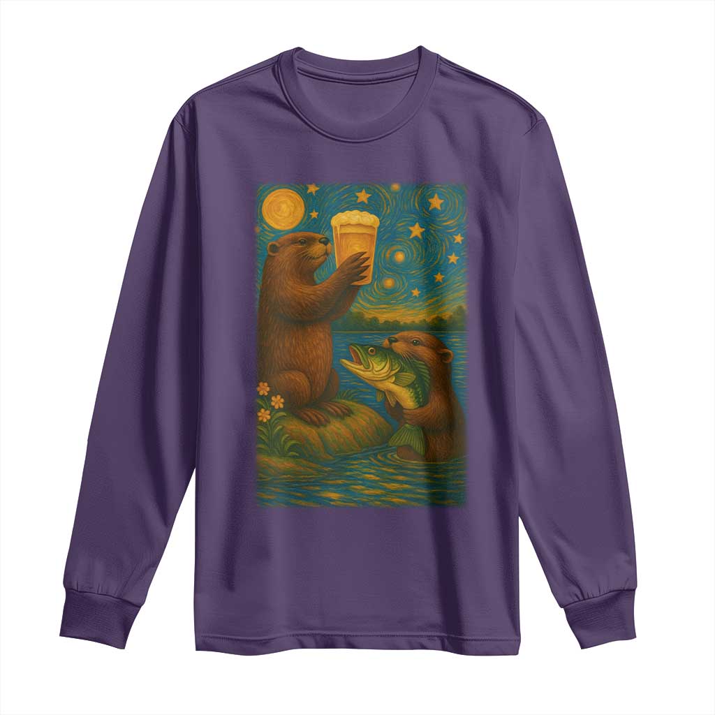 Funny Otter Drinking Beer Long Sleeve Shirt Van Gogh Starry Night - Wonder Print Shop