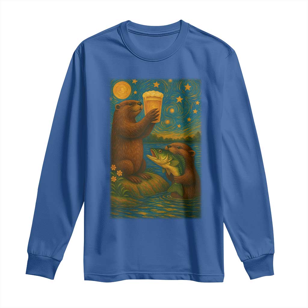 Funny Otter Drinking Beer Long Sleeve Shirt Van Gogh Starry Night - Wonder Print Shop