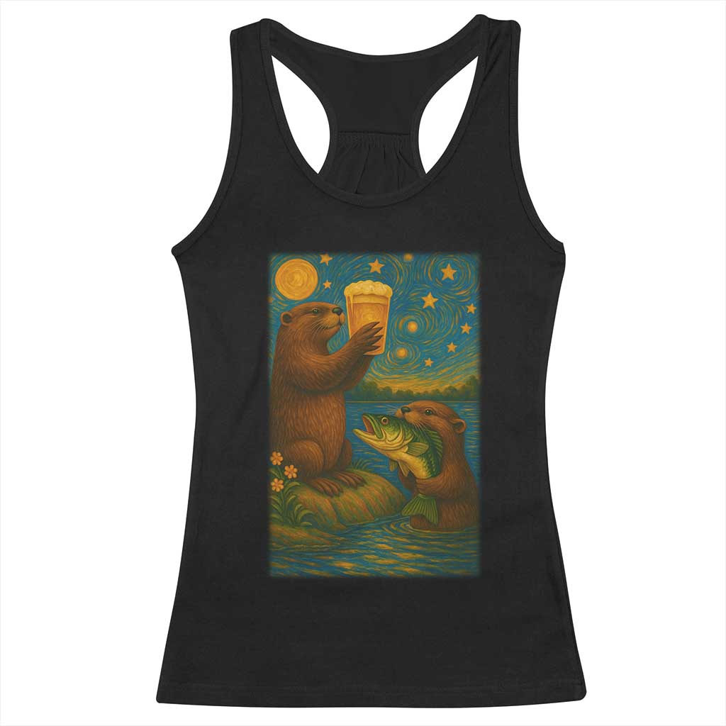 Funny Otter Drinking Beer Racerback Tank Top Van Gogh Starry Night - Wonder Print Shop