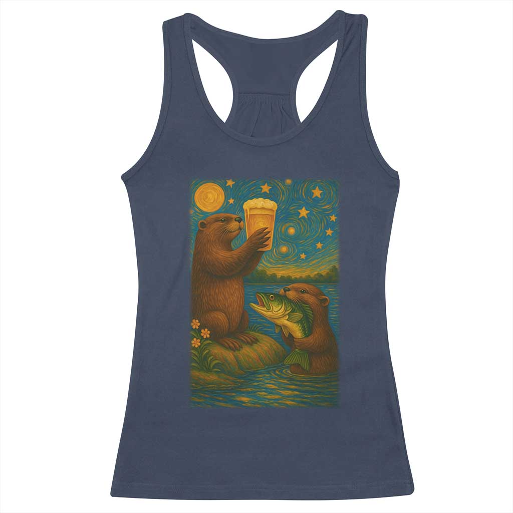 Funny Otter Drinking Beer Racerback Tank Top Van Gogh Starry Night - Wonder Print Shop
