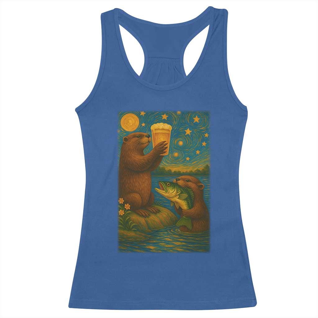 Funny Otter Drinking Beer Racerback Tank Top Van Gogh Starry Night - Wonder Print Shop