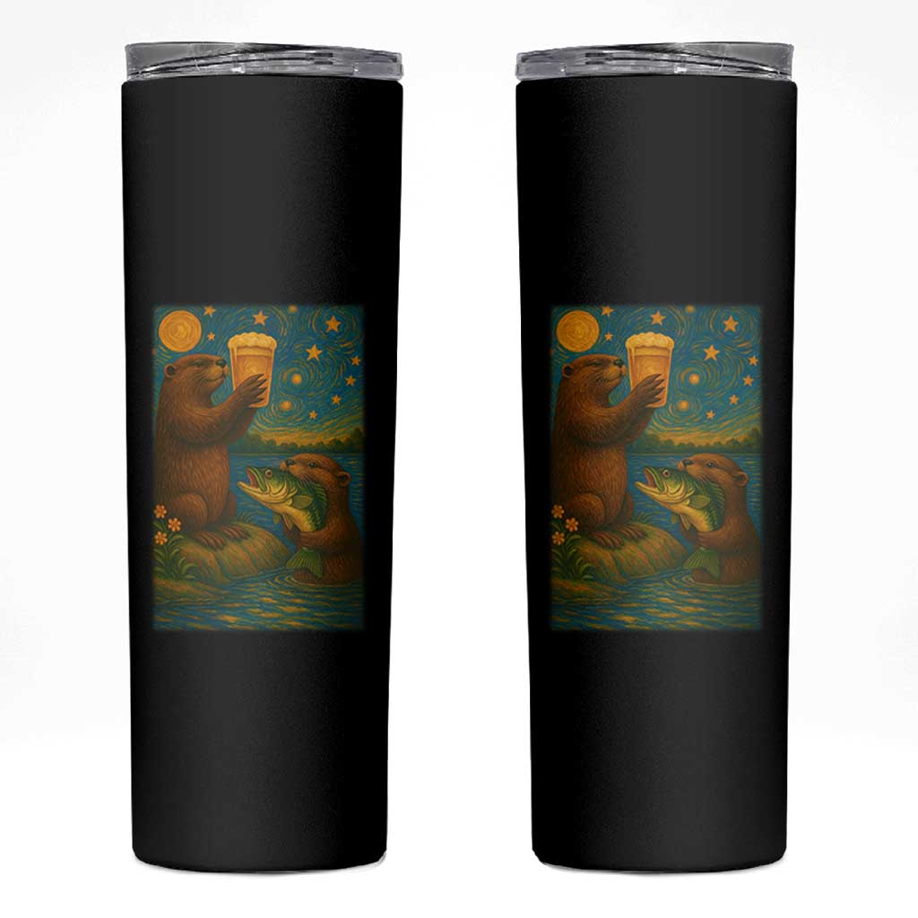 Funny Otter Drinking Beer Skinny Tumbler Van Gogh Starry Night