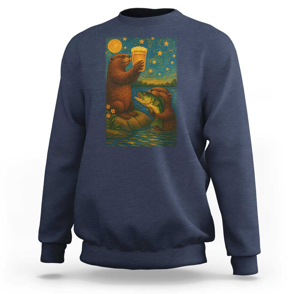 Funny Otter Drinking Beer Sweatshirt Van Gogh Starry Night - Wonder Print Shop