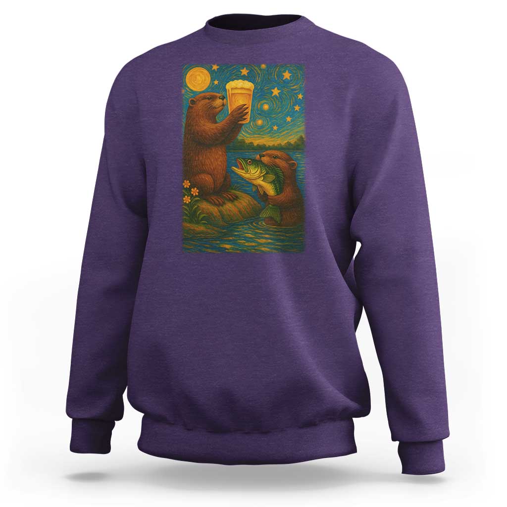 Funny Otter Drinking Beer Sweatshirt Van Gogh Starry Night - Wonder Print Shop