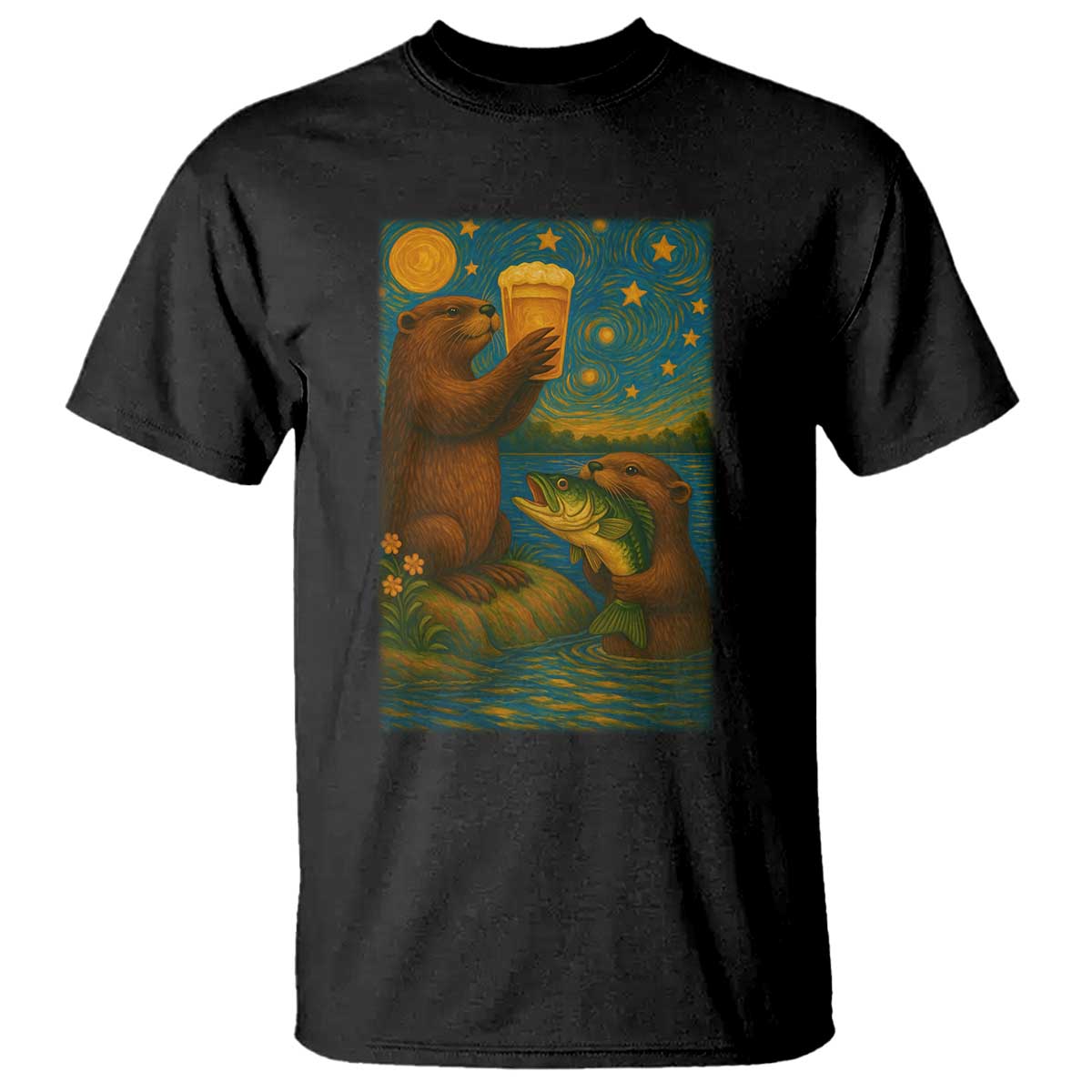 Funny Otter Drinking Beer T Shirt Van Gogh Starry Night - Wonder Print Shop