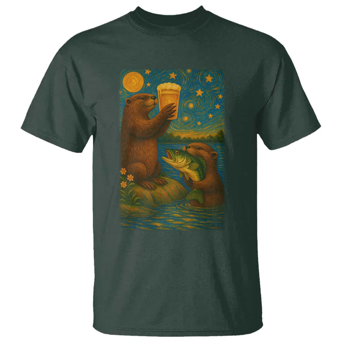 Funny Otter Drinking Beer T Shirt Van Gogh Starry Night - Wonder Print Shop