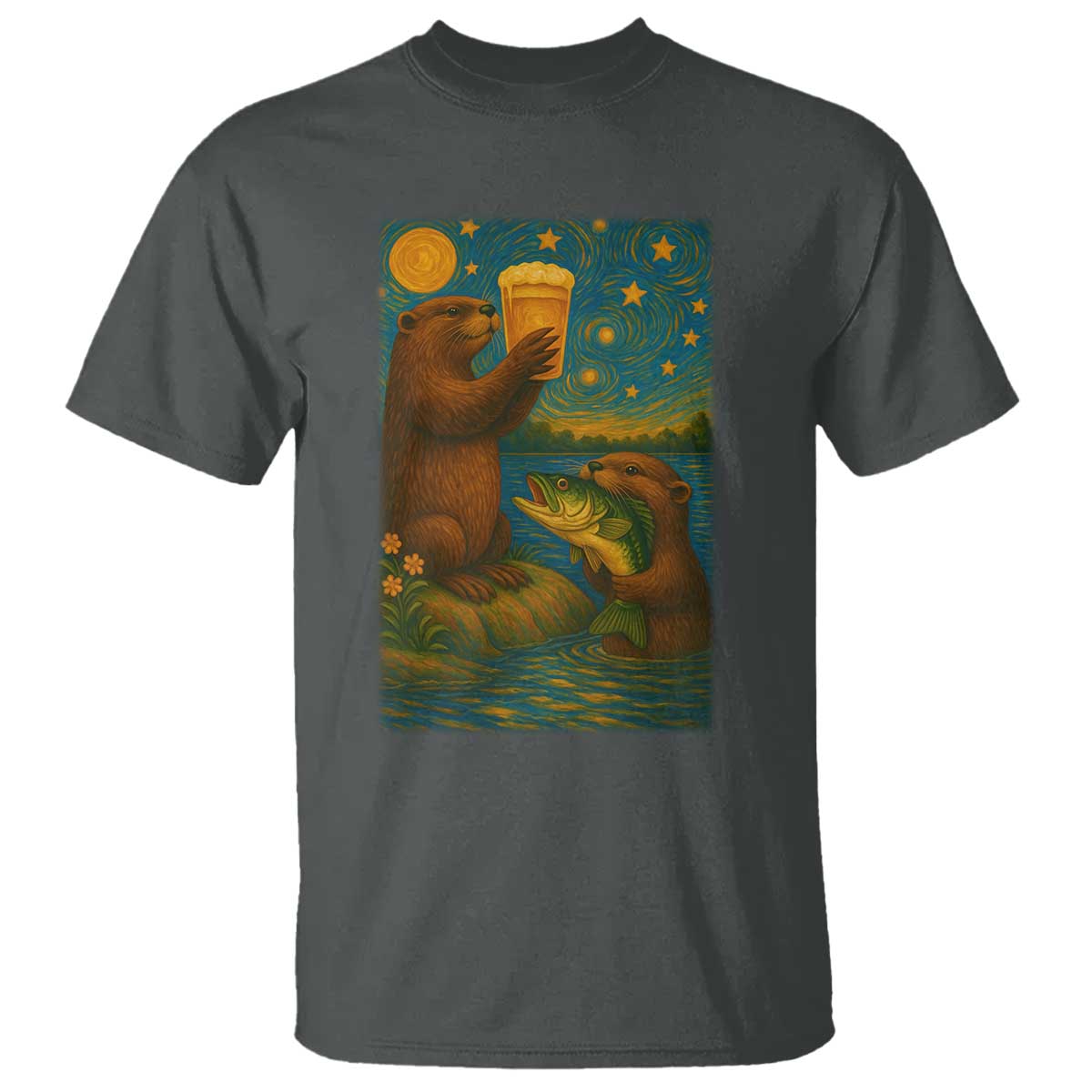 Funny Otter Drinking Beer T Shirt Van Gogh Starry Night - Wonder Print Shop