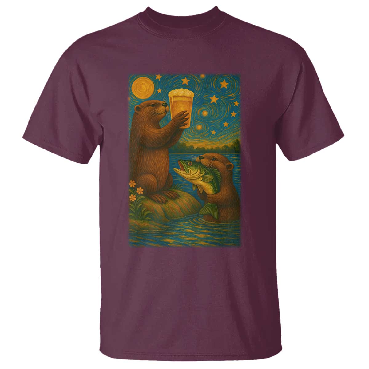Funny Otter Drinking Beer T Shirt Van Gogh Starry Night - Wonder Print Shop
